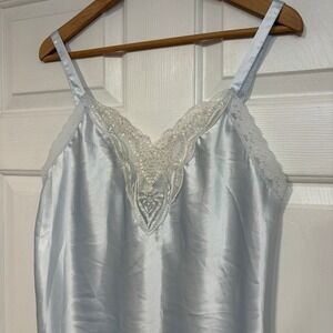 Vintage Body Chic Women M Blue Satin Lace Trim Full Slip Nightgown Lingerie Mini